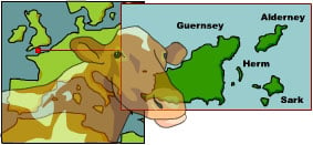 A Guernsey cow over a map of Guernsey