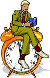 A guy, sat on a clock, reading a book.