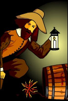 Guy Fawkes standing over a keg of gunpowder holding a lantern, sporting a fine beard.