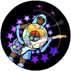 Spacey rock chick with big bass guitar.