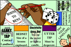 A Monopoly game board motif which makes reference to the precariousness of renting accommodation.