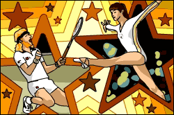 Tennis player and gymnast depicted on a 1970's-style starry background.