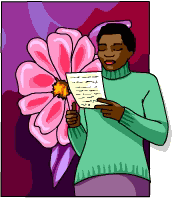 A woman reading poetry in front of floral background.