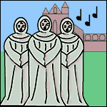 Monks singing in front of a church