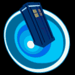 A Tardis flying through a time tunnel.