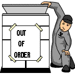 A bemused repairman examines a photocopier with an 'Out of order' sign.