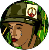 A soldier crying witht he peace symbol in his helmet