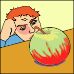 A child bored by an apple