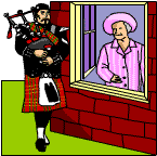 The Queen Mother at a window being serenaded by a bagpipes player