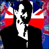 James Bond with a Union Flag backdrop.