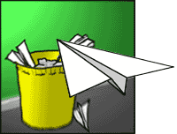 Paper aeroplane flying towards the bin.