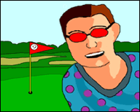 A groovy golfer grinning on the golf course.