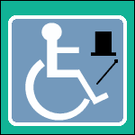 A traditional wheelchair user sign but with superimposed top hat and cane image suggestive of a wheelchair tap dancer.