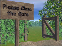 An open gate with a sign saying 'Please close the gate!'