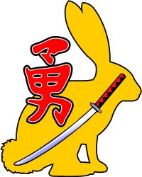 A Japanese sword in front of the silhouette of a rabbit.