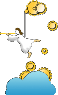 An angel suspended from a mechanism.