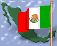 The Mexican flag super-imposed upon a geographical map of Mexico.