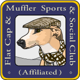 A beermat showing a whippet dog wearing a cap and scarf surrounded by the text Flat Cap and Muffler Sports and Social Club
