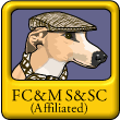 A badge showing a whippet dog wearing a cap and scarf on a yellow background above the initials of the Flat Cap and Muffler Sports and Social Club