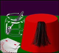 A spoon in a jar, a pack of playing cards and a fez