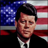 John F Kennedy and an American flag.
