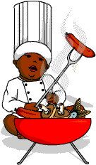 Baby in a chefs hat at a barbecue