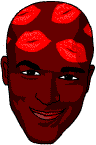A smiling bald man with big lipstick kisses on his head