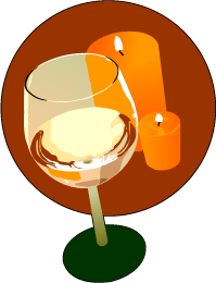 A glass of white wine and two orange candles