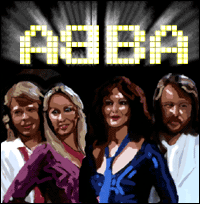 The four members of Abba in front of an illuminated sign that reads: 'ABBA'.