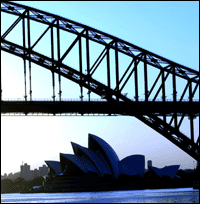 The Sydney Harbour bridge, with the distinctive waves of the Sydney Opera House in the background