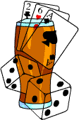 A pint of beer, playing cards and a pair of dice