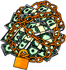 A bundle of money which has been chained and padlocked