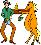 A cowboy and a horse at a bar