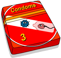 A packet of three condoms with a picture of a virus cell and a spermatose inside a condom