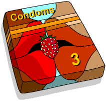 A packet of three condoms with a pair of lips and a strawberry design