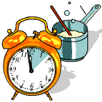 An old-fashioned alarm clock in front of a bubbling saucepan 