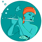A mermaid wearing an orange turban and playing the flute underwater