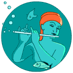 A mermaid wearing an orange turbon and playing the flute underwater