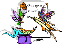 A fairy falling into a pot of ink; another fairy writing on a piece of parchment paper