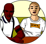 Two skinheads; one black man, one oriental girl