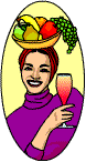 A woman with fruit on her head drinking wine 