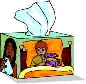 A box of tissues with someone sneezing on one side and a child tucked in bed on the other 