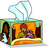 A box of tissues with someone sneezing on one side and a child tucked in bed on the other