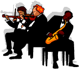 A group of three classical musicians playing, dressed in black tie 