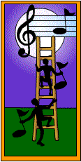 Men carrying musical notes climbing a ladder to a musical staff against a moonlit background