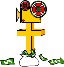 A graphic combining a film projector, a cross and a bag of money