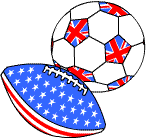 A round 'soccer' football with a Union Flag design and an ovoid 'American' football with a stars and stripes design.