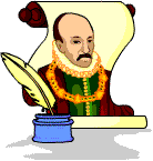 Michel de Montaigne pictured on a scroll next to a quill 