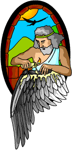 A Greek man making wings, melting a candle in a castle tower