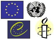 The emblems of Amnesty International, The United Nations, The European Union and The Council of Europe